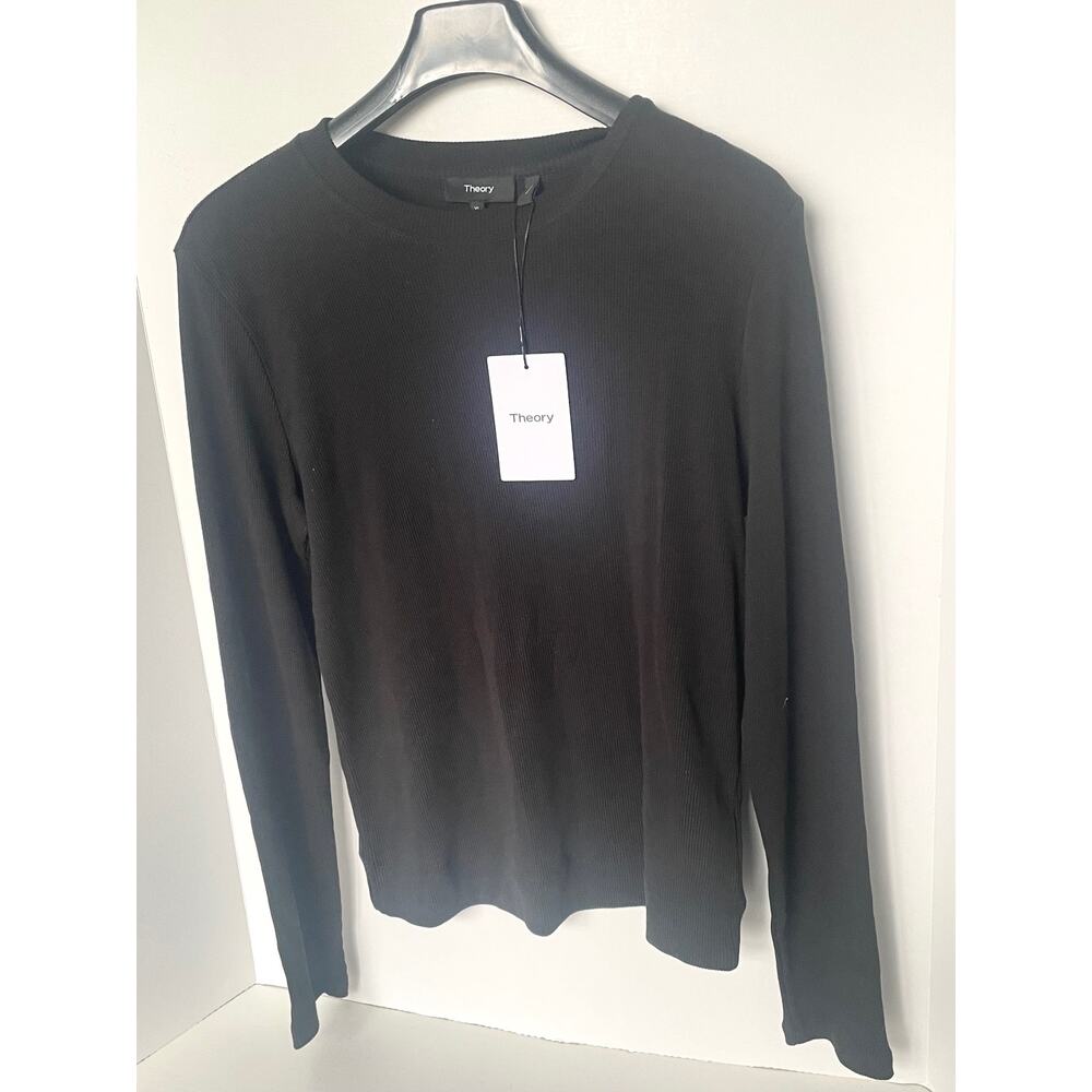 Theory Tiny Tee Long Sleeve Crew Neck Black Rib Knit Top Fitted XL - Picture 3 of 10